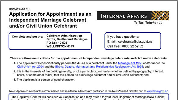 Application for Appointment as an Independent Marriage Celebrant and/or CivilUnion Celebrant Form